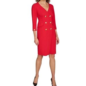 NWT Donna Karan Cady Crepe V-Neck 3/4 Sleeve Jacket Dress in Red